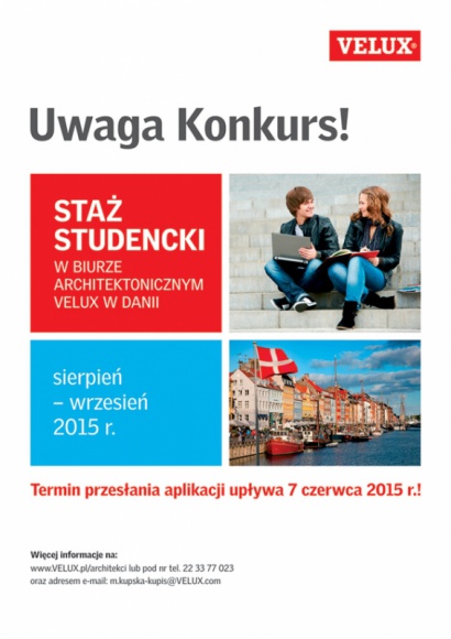 Wakacyjny staż studencki VELUX w Danii Praca, BIZNES - Już od 14 lat firma VELUX daje szansę studentom architektury zdobycia doświadczenia w swoim biurze architektonicznym w Danii. Zgłoszenia do konkursu o staż można przesyłać tylko do 7 czerwca.