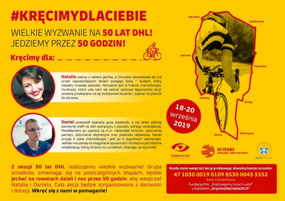 Pracownicy DHL przesiadają się na rowery. Dołącz do charytatywnej akcji Problemy społeczne, BIZNES - 18 września wyruszy akcja charytatywna DHL #KręcimyDlaCiebie, której celem jest zbiórka środków na leczenie onkologiczne podopiecznych Fundacji DHL Dostrzegamy Inni Ludzi i Fundacji Jedni Drugim.
